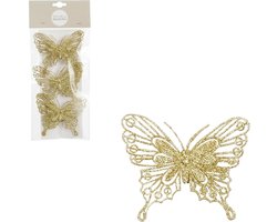 House of Seasons decoratie vlinders op clip - 3x stuks - goud - 10 cm