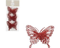 House of Seasons decoratie vlinders op clip - 3x stuks - rood - 10 cm