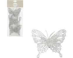 House of Seasons decoratie vlinders op clip - 3x stuks - zilver - 10 cm
