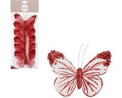 House of Seasons decoratie vlinders op clip - 6x stuks - rood/wit - 10 cm