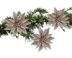 House of Seasons Kerstboom bloemen op clip - 3x stuks - champagne - kunststof - kerstornamenten