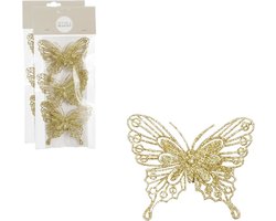 House of Seasons kerstboomversiering vlinders op clip - 3x st - goud - 10 cm