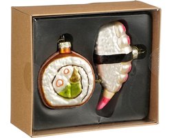 House of Seasons Kersthangers sushi - 2x stuks - glas - 14 x12 x 5,5 cm - kerstornamenten
