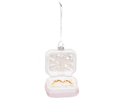 Housevitamin Kersthanger Trouw Ringen in Doosje – Glas Roze/Wit/Goud – 6,5x4,5x11 cm – Romantische Glazen Kerstbal – Verloving & Huwelijk Kerstversiering