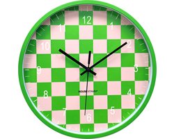 Housevitamin- Klok - Wandklok - Geblokt Patroon - Groen/Roze - 34x34x4cm