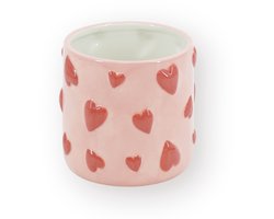 Housevitamin Plantenpot Hartjes – Dolomiet – Roze met Rode Hartjes – 12,5x12,5x13 cm – Waterdicht – Design Bloempot – Decoratieve Eyecatcher