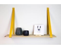 Housevitamin wandplank hout - met gele imitatie leren muurriemen