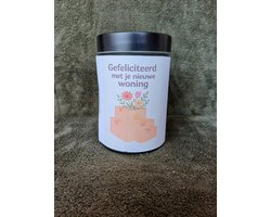 Housewarming Cadeau - Luxe Voorraadpot / Snoeppot - "Gefeliciteerd met je nieuwe woning" - Nieuw Huis Geschenk - Glazen pot met zwarte deksel