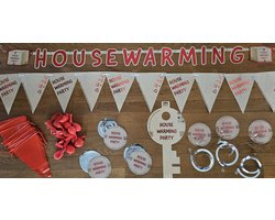 Housewarming Party Feestpakket Versiering - Housewarming Decoratie - Sleutel, Vlaggenlijn, Slinger, Letterslinger, Hangdeco, Hangspiralen, Bruin, Vlaggenlijn, Ballonnen, Rood, Nieuw Huis, Homewarming, House-warming, Gift, Kado, Cadeau