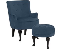 Houston|Fauteuil + kruk in fluweel blauw