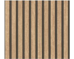 Hout behang 391091 vliesbehang hardvinyl warmdruk in reliëf gestructureerd in hout look mat beige bruin zwart 5,33 m2