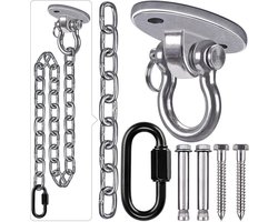 Hout-Beton Celing Hanger 180 ° Draaibare Hangmat Swing Opknoping Schroef Bout - Hardware Metalen Ovale Beugel - 1M Zilveren Ketting Karabijnhaak voor Outdoor Speeltuin Stoel - BeneLabel Yoga Touw Ponsen rotating ceiling hook