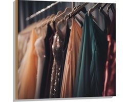 Hout - Rek Vol Verschillende Kleuren Gala Jurken - 80x80 cm - 9 mm dik - Foto op Hout (Met Ophangsysteem)