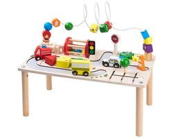 Houten Activity Center Speeltafel - 7-in-1 Educatief Montessori Speelgoed voor Peuters - Fijne Motoriek Training - Verkeer & Auto's Thema - Kralenframe & Vormenstoof - Educatief Activiteitenbord - Kraamcadeau - Baby Busy Board - 12 Maand +