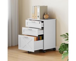 Houten archiefkast met 3 afsluitbare laden, verrijdbare archiefkast voor onder het bureau met wieltjes, stevige opbergkast voor Letter/Legal/A4-formaat, verrijdbare printertafel, wit