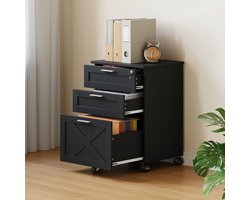 Houten archiefkast met 3 afsluitbare laden, verrijdbare archiefkast voor onder het bureau met wieltjes, stevige opbergkast voor Letter/Legal/A4-formaat, verrijdbare printertafel, zwart