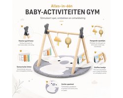 Houten Baby Gym met Speelmat – Babygym Activity Gym – Sensorisch Speelgoed met Hangspeeltjes & Stoffen Boekje – Tummy Time Speelkleed – 0+ Maanden