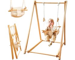 Houten Babyschommel - Met Schommelstoel - Inklapbaar - Baby Swing - Baby - Wipstoel Baby - Baby Zitje - Dennenhout - Houten Speelgoed