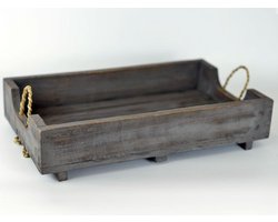 Houten bakje met 2 rieten hengsels - Woodart - dienblad - deco - grijs / taupe schaal