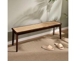 Houten Bankje Rotan Zitting - Halbank Keukentafelbank - Extra Zitplaats Creëren - Robuuste Houten Constructie - 80x30x45cm - Walnut