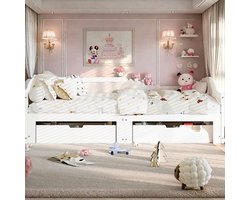 Houten Bed 90x200/180x200 cm – Uitschuifbaar Tweepersoonsbed met Lattenbodem, 2 Lades en Opbergruimte, Logeerbed of Dagbed