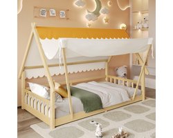 Houten bed 90x200cm - kinderbed - houten huis ontwerp - tent afneembaar - met veiligheidshekje - houtkleur - zonder matras