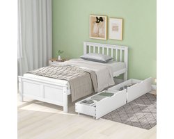 Houten bed, eenpersoonsbed, jeugdbed, bed voor volwassenen, met opberglades, frame van grenenhout, wit (90x200 cm)