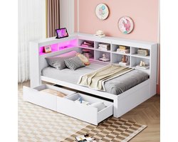 Houten Bed - Slaapbank Opbergvak - Ruimte Besparen - Geïntegreerd USB-licht - 90x200 cm - Wit