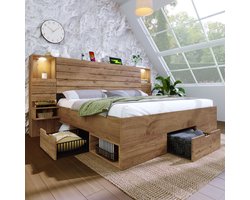 Houten bed – tweepersoonsbed – afmetingen 160 x 200 cm – voorzien van led-verlichting onder het bed en USB Type-C – verlichte nissen – zwevende nachtkastjes – opbergruimte onder het bed met lades – eikenhouten look – zonder matras
