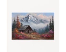 Houten berghut in mist – klassiek – romantisch – Poster – 100x70 cm