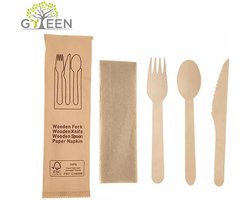 Houten bestek. 1 doos bevat 50 sets. Elke set bevat 1 vork + 1 mes + 1 lepel + 1 papieren servet. 100% FSC