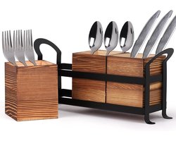Houten Bestekhouder met 3 Verwijderbare Compartimenten en Metaalframe, Decoratieve Organizer voor Keuken, Bestek Organizer, Lepelmand, Bruin