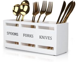 Houten Bestekhouder voor- Tafel en Aanrecht - Witte Bestek Organizer - Bestekmandje voor Lepels-Vorken en Keukengerei
