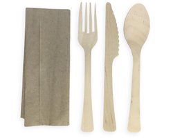 Houten bestekset 4 in 1 (lepel-mes-vork-servet) in bestekzakje - 50 stuks