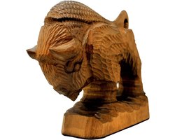 Houten Bizonbeeld - Buffel Sculptuur - Woondecoratie Accent - Handgesneden Kunstwerk - 135 cm Hoog - Natuurlijk Bruin