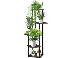 Houten bloemenplank, plantenplank, bloemenstandaard met meerdere niveaus, plantenstandaard, bloemenbank, bloementrap, plantentrap, staande plank voor binnen, tuin, balkon, decoratie (5-laags, eiken)