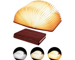 Houten boeklamp - nachtlampje - driekleurig LED-lampje, vijf lichtkleuren - sfeerlicht - draagbare opvouwbare boeklamp - kan worden gebruikt als tafellamp, nachtlampje of bureaulamp - uitgevouwen afmetingen: 15×11×2,5 cm