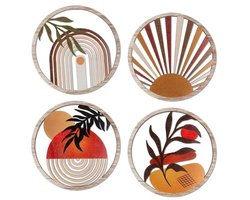 Houten Boho Wanddecoratie Set van 4 - Ronde Rustieke Wandkunst voor Woonkamer en Kinderkamer