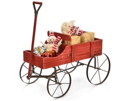 Houten Bolderkar Bloem/Plantenbak Decoratieve Pot Standaard met Wielen en 2 Planten Secties Buiten Tonnetje Planter Rood