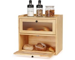 Houten broodtrommel dubbeldekker – grote broodkast met voorkant opening, vintage ontwerp, houdt brood en gebak vers op het aanrecht (houtkleur, 36,5×24×34 cm, L)