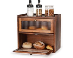 Houten broodtrommel dubbeldekker – grote vintage broodkast voor keuken aanrecht, voorkant opening, houdt brood en voedsel vers (bruin, 36,5×24×34 cm, L)