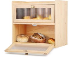 Houten Broodtrommel met 2 Etages en Magnetisch Venster - Grote Broodopbergdoos voor Keuken