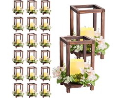 Houten Bruiloft Lantaarn Tafelmiddelpunt Set 20 Sets/60 Stuks, Inclusief 20 Houten Lantaarn Kaarsenhouders, 20 Vlamloze LED Kaarsen en 20 Champagne Bloem Kransen voor Bruiloft Tafel, Feest en Boerderij Decoratie, Bruin