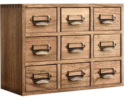 Houten bureau, opbergkast, 9 laden, mini-commode met metalen handgrepen, desktop-organizer, opbergdoos voor thuiskantoor, donkerbruin