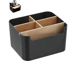 Houten bureau-organizer, bamboe tafelorganizer, pennenhouder, bureau, 5 vakken, geschikt voor kantoren, woonkamer en slaapkamer (zwart)
