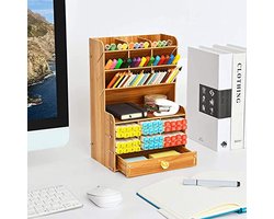 Houten Bureau Organizer - Multifunctioneel Desk Stationery Houder voor Thuis, Kantoor en School - Opbergrek met Lade