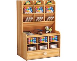Houten Bureau Organizer - Multifunctioneel Desk Stationery Houder voor Thuis, Kantoor en School - Opbergrek met Lade