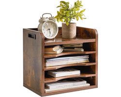 Houten bureaublad, 4 niveaus in het vak, A4-formaat, archiefhouder, magazijn, organizer, papieropslag, kantoor, bureau, netjes aktenhouder, rek, bruin