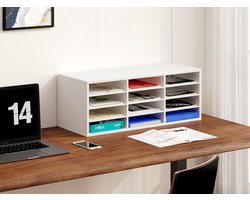 Houten bureaunetjes met 4-laags archiveringsbak en 12 compartimenten - Wit, ideaal voor het organiseren van post en tijdschriften op je bureau, afmetingen 780x303x298mm.