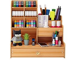 Houten bureauorganizer met lade en pennenhouder, multifunctionele bureau-organizer voor kantoor, thuis en school